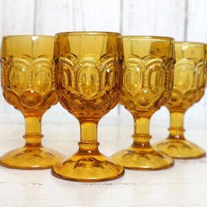 Vintage L.E. Smith Moon & Star Amber Wine Glasses Goblets Set (4) Mid Century